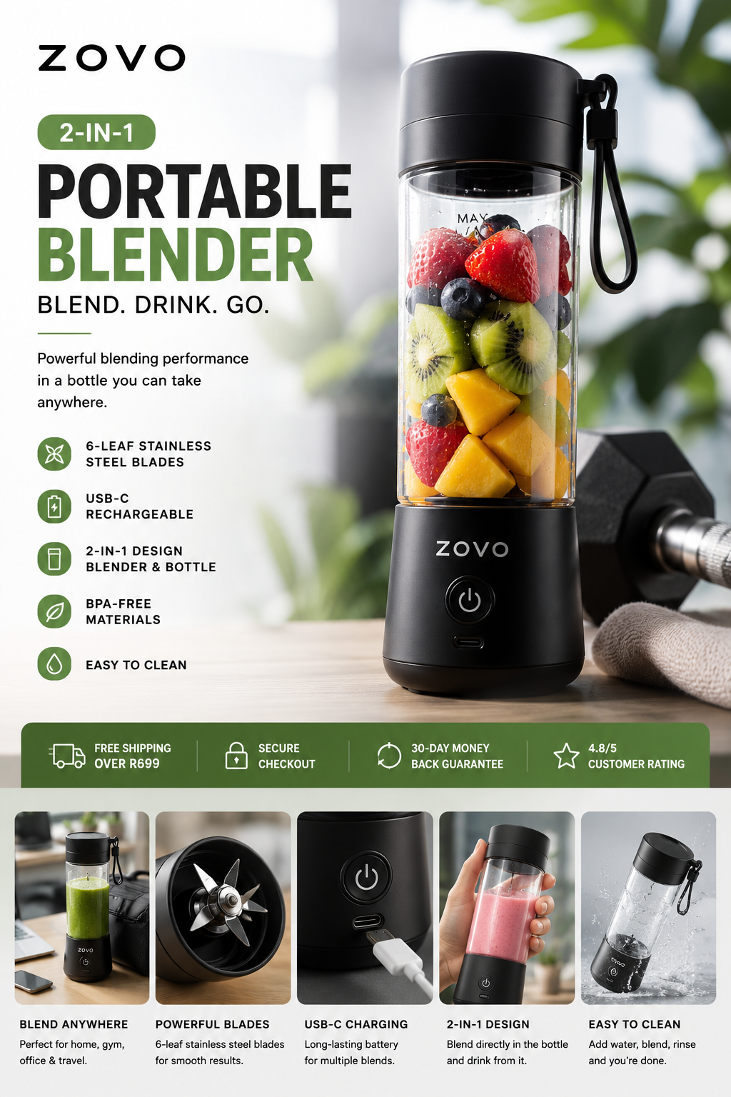 ZOVO™ 2-in-1 Portable Blender Bottle